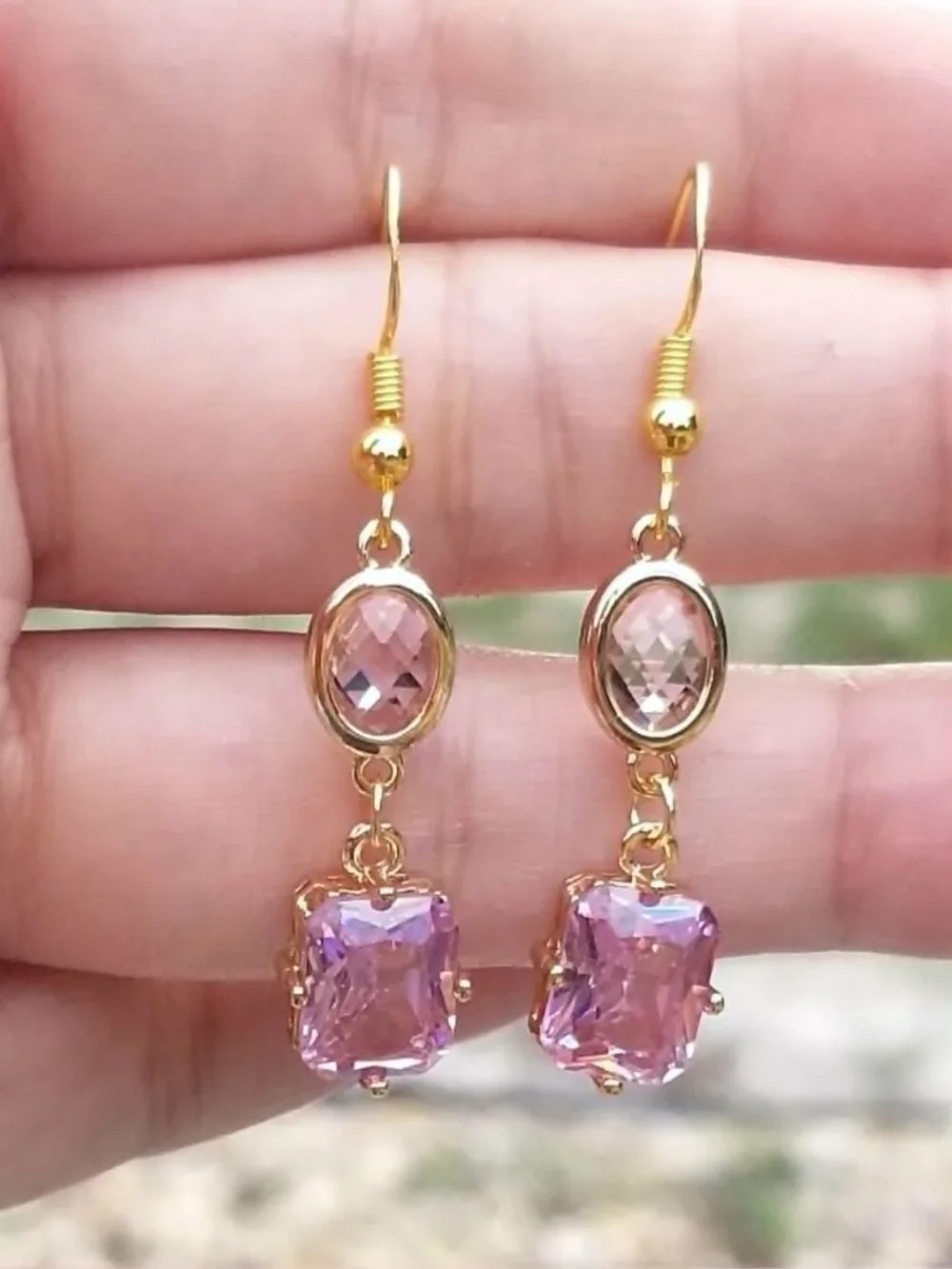 14k Gold Pink Tourmaline Dangle Earrings, Tourmaline Double Drop Earrings